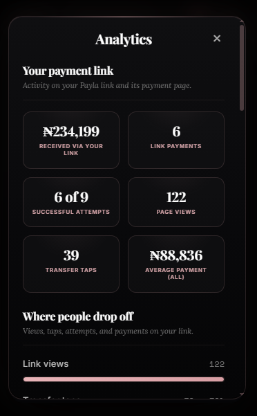 Payla's analytics view showing payment activity and outstanding amounts.