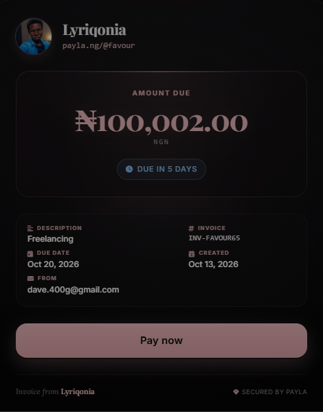 A branded Payla invoice with a direct payment action.