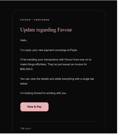 A Payla payment reminder email sent by Layla, showing the invoice reference, amount due and a payment action.