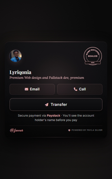 A Payla payment page showing a creator's brand, contact details and a Transfer action.